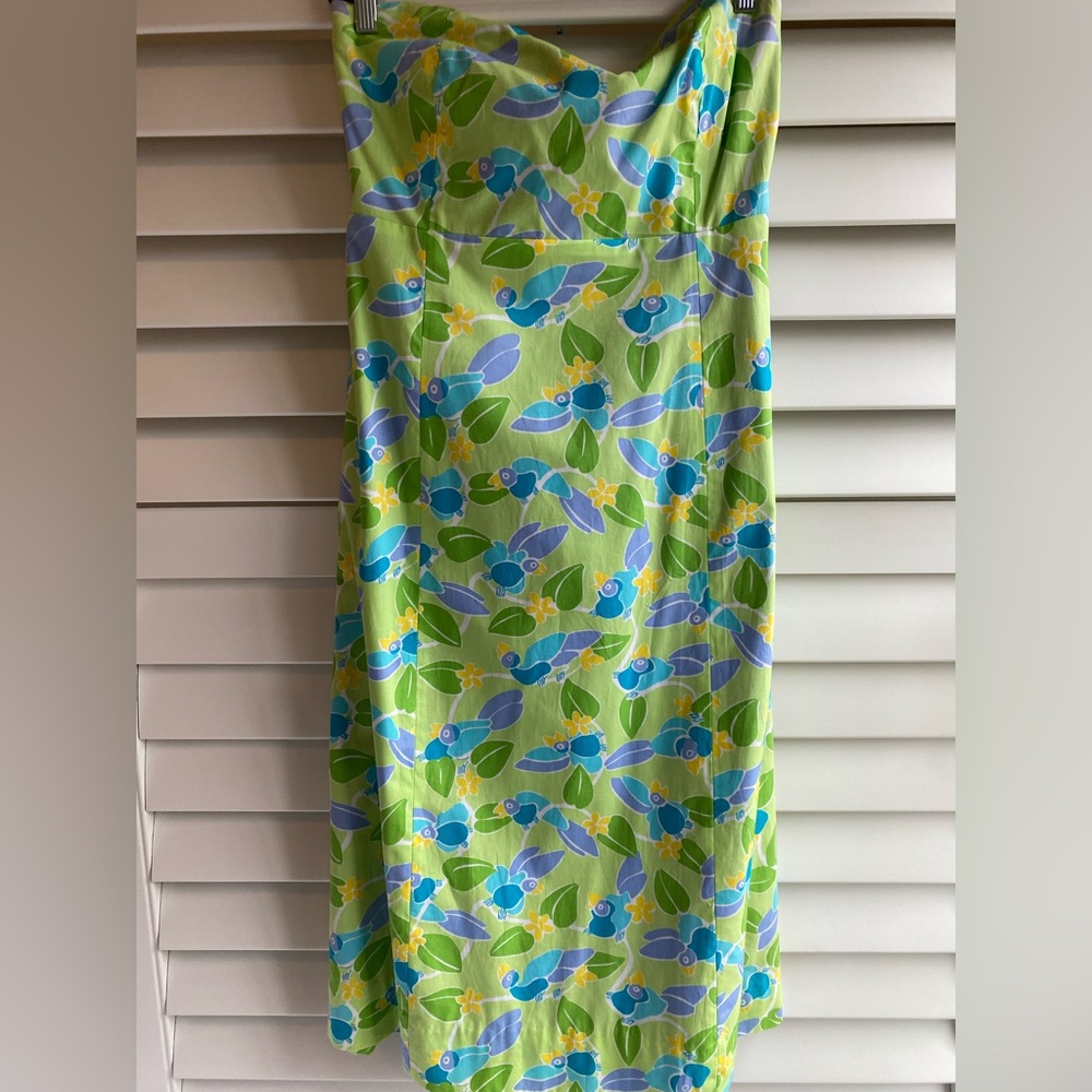 Green, Yellow and Blue Parrot Patterned Strapless Tie Back Lilly Pulitzer Dress